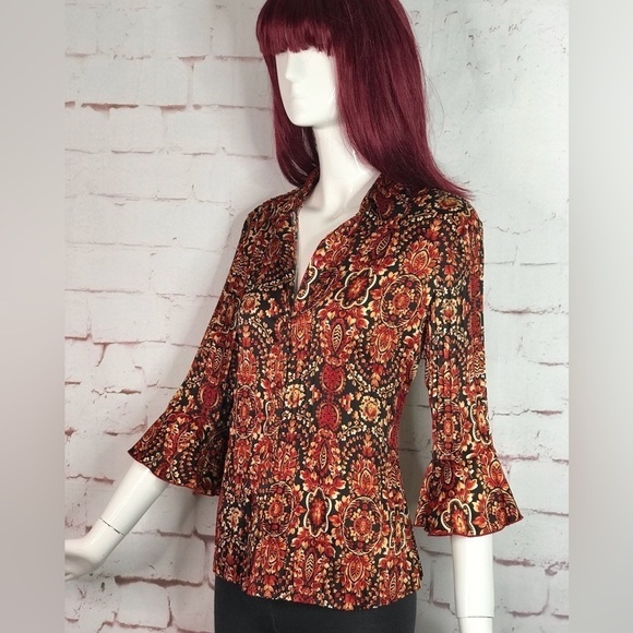 ESSENTIALS By MILANO Pleated S 3/4 Bell Sleeve Rust Cream Black Print Blouse - Picture 9 of 13